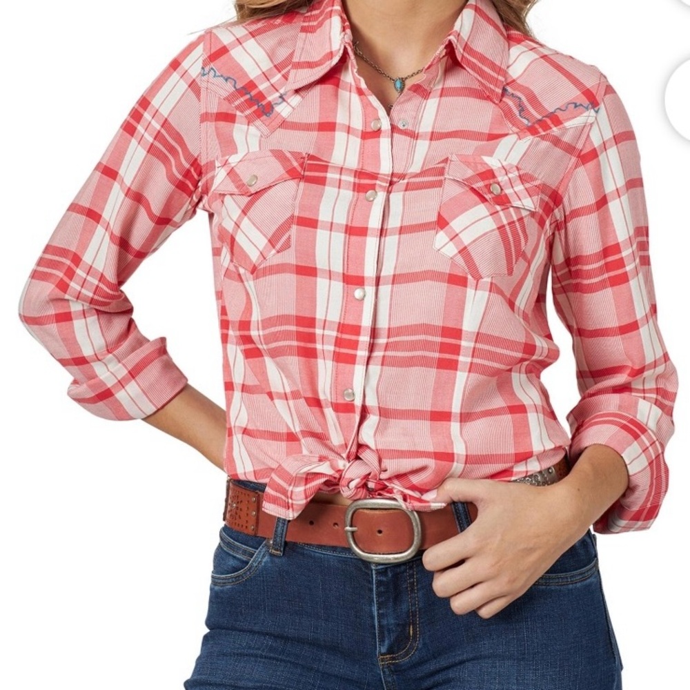 Red and White Button Down Shirt with Tie Front and Notched Collar